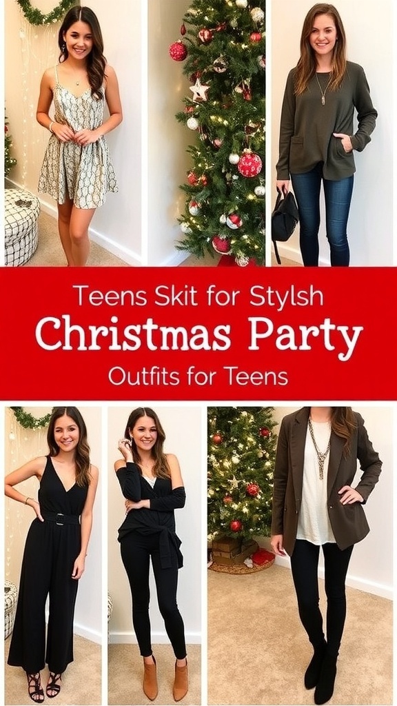 Collage of trendy Christmas party outfits for teens, including dresses, sweaters, and casual looks.